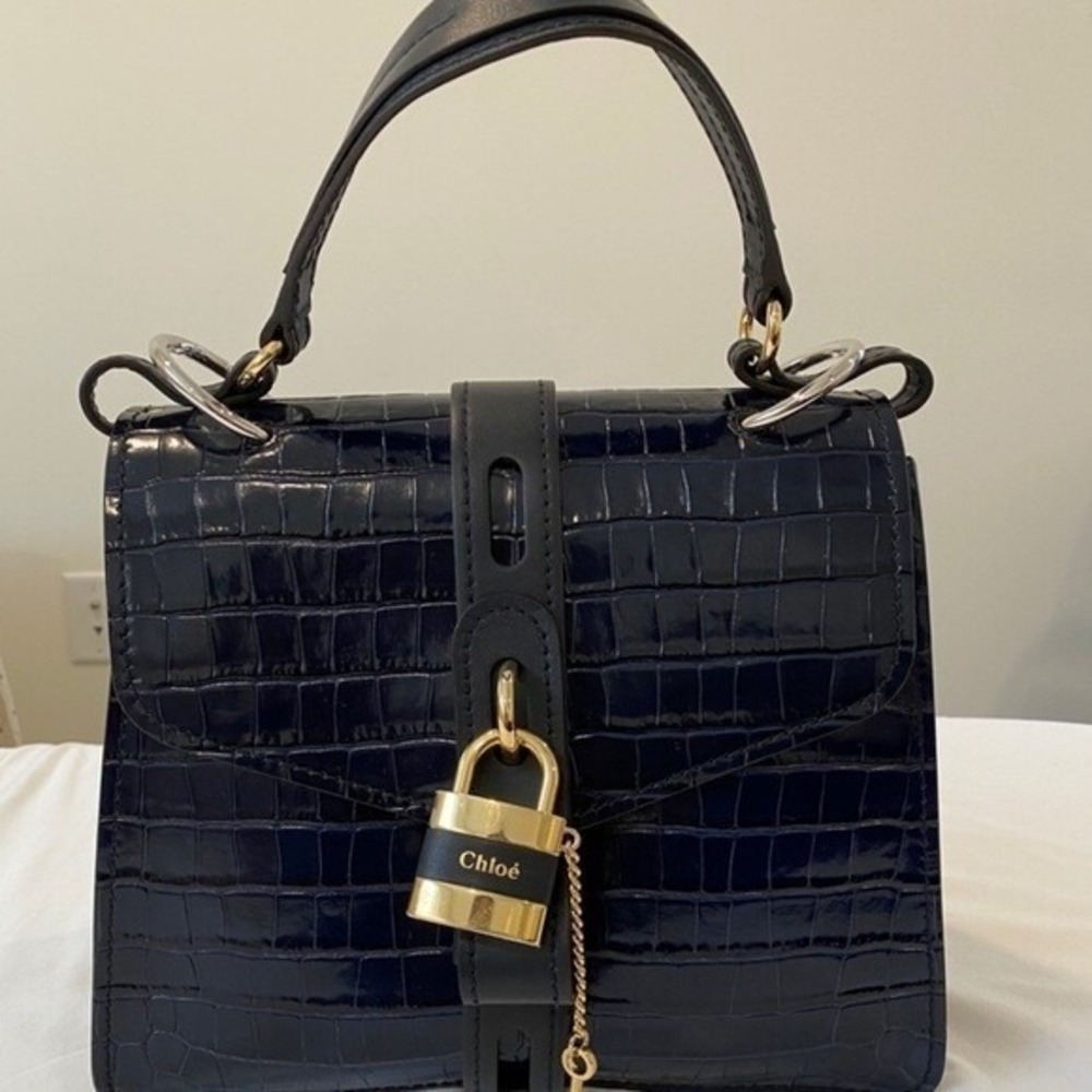 Chloe Aby Day Bag Navy Blue Croc Embossed Leather Top Handle Satchel Medium - Picture 5 of 8